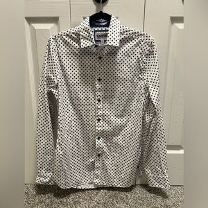Express Men's White Dressy Button Down Shirt with Blue Flowers